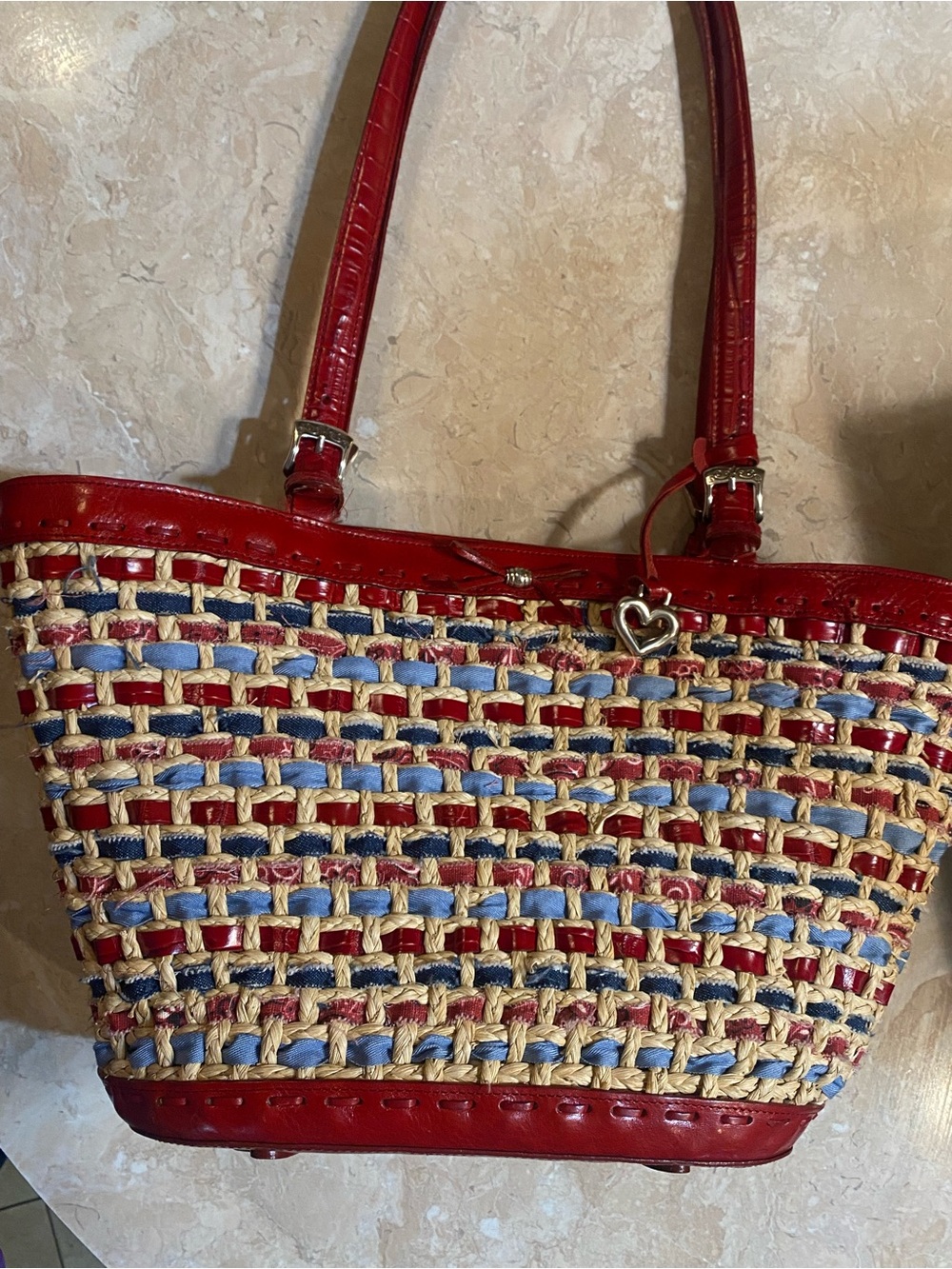 Brighton Red, Blue and Natural Woven Tote with Heart Charm
